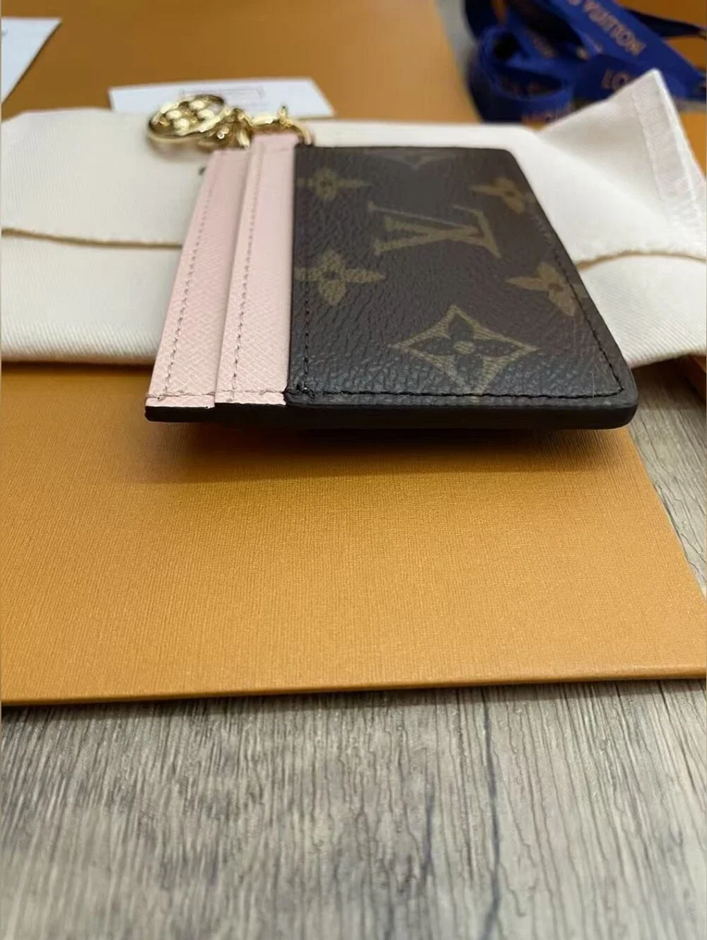 Louis Vuitton Monogram Card Holder with Pink Trim and Gold Charm Keyring